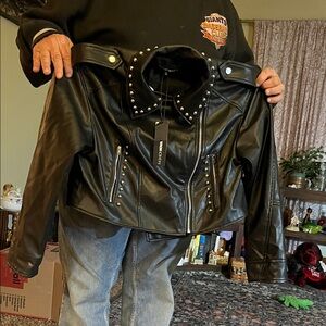 Fashion Nova Black Leather Bomber Jacket with Studded Collar